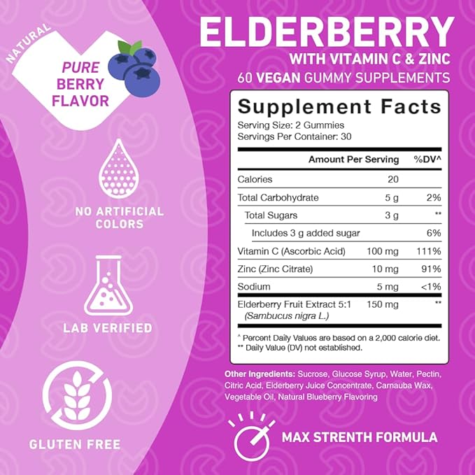 PUREFINITY Elderberry Gummies with Sambucus, Vitamin C, and Zinc – Your Perfect Daily 3-in-1 Supplement for Kids & Adults – Gluten Free, Non-GMO, Vegan, 60 Count