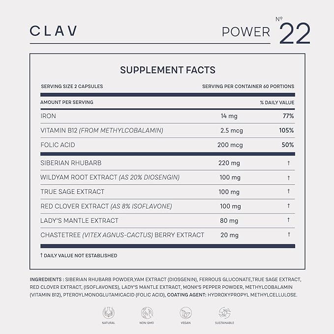CLAV® Natural Hormone Balance for Women - PMS Relief with Siberian Rhubarb, Wild Yam & Vitex Berry - Vegan Menstrual Regulator Supplement - 120 Capsules