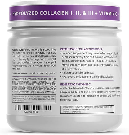 INVIGOR8 Collagen Peptides Powder Hydrolyzed with Vitamin C Type I, II, & III Unflavored Non-GMO Grass-Fed Supplement Supports Joints, Skin, Hair, Nails and Anti-Aging 12.4g
