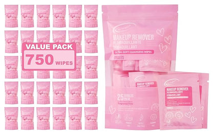 Air Jungles Makeup Remover Wipes Singles Wrapped 30 Pack, 750 Singles, Extra Large 6" x 8", Fragrance-Free, Removes Makeup and Oil, Ultra Soft Cleansing Wipes, Alcohol Free