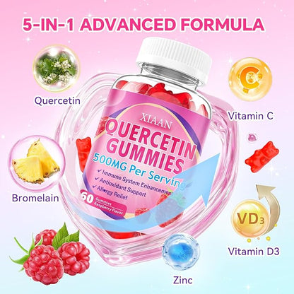 Quercetin Gummies 500mg for Kids & Adults, Organic Quercetin Supplements with Bromelain Zinc Vitamin C and D3 Support Antioxidant & Immune System Health, Raspberry Flavor 120 Count