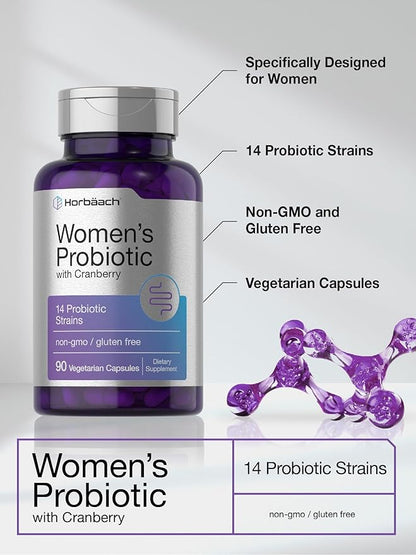Horbäach Probiotic for Women with Cranberry | 90 Vegetarian Capsules | Dietary Supplement with 14 Probiotic Strains | Non-GMO, Gluten Free Supplement
