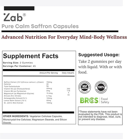 ZAB Saffron Supplements Gummies, Saffron & Rhodiola Rosea Extract Sugar-Free Supplement with Vitamin D3 & B6, Support Mood, Focus, Eye for Men & Women, 60 Gummies, 30 Servings