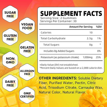 Potassium Citrate Gummies, High Potassium Supplement Gummies 1200mg for Adults & Kids, Support Leg Cramps & Muscle Health, Vegan, Mango Flavor 60 Count