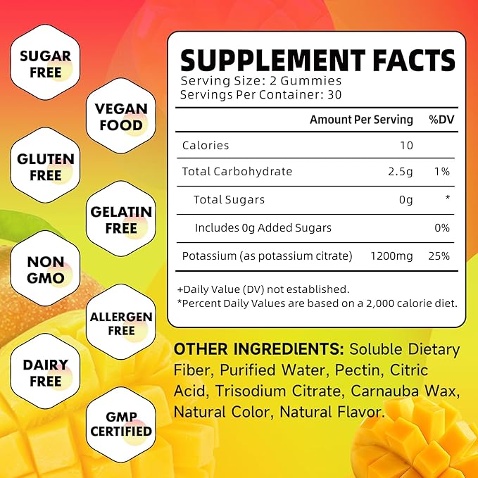 2 Pack Potassium Citrate Gummies, High Potassium Supplement Gummies 1200mg for Adults & Kids, Support Leg Cramps & Muscle Health, Vegan, Mango Flavor 120 Count