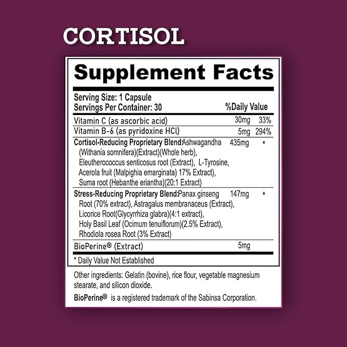 Cortisol Supplements for Women & Men | Ashwagandha Extract, Rhodiola & Adrenal Support Blend | Cortisol Manager & Reducer for Stress, Mood & Sleep Calm | Cortisol Health with Adaptogens, 30 Count