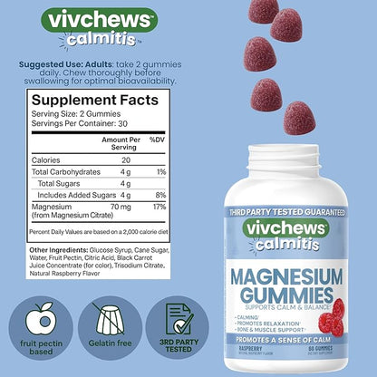 Calmitis Magnesium Gummies – Supports Calm & Balance, Magnesium Citrate, Natural Raspberry Flavor, Fruit Pectin Based, Gelatin-Free, Vegan, No Artificial Colors, Flavors or Sweeteners, 60 ct