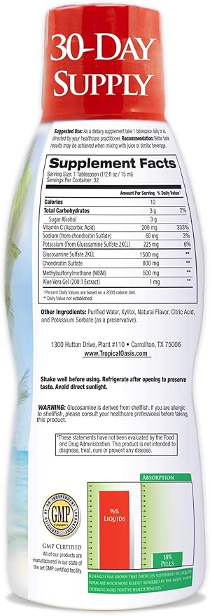 Tropical Oasis–Premium Liquid Glucosamine Chondroitin & MSM- Liquid Joint Support Formula 1500mg Glucosamine, 800mg Chondroitin, & 500mg MSM - 16 Fl Oz