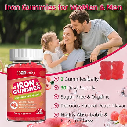 2 Pack Iron Supplement Gummies for Women & Men - Iron Gummies with Folate Vitamin C B12 B6 Zinc, Peach Flavor, Vegan 120 Gummies