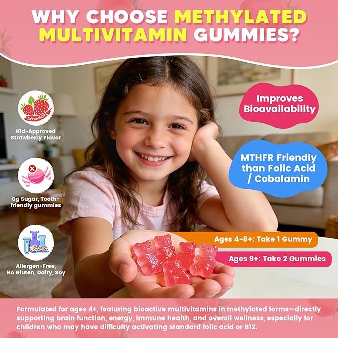 Kids Methylated Multivitamin Gummies with Omega 3, Multivitamin for Kids & Teens 4+ w/L Methylfolate & B12, Calcium, Probiotics, Elderberry, 16 Vitamins for Healthy Growth, Immune Support, Sugar Free