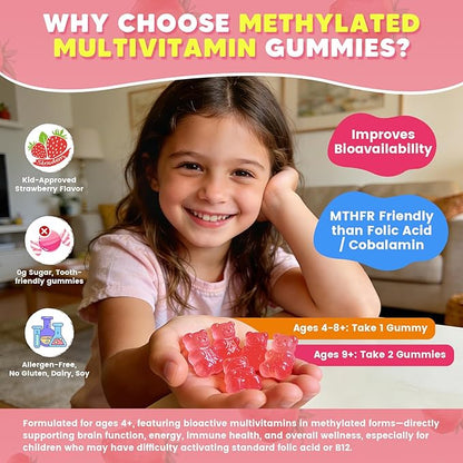 Kids Methylated Multivitamin Gummies with Omega 3, Multivitamin for Kids & Teens 4+ w/L Methylfolate & B12, Calcium, Probiotics, Elderberry, 16 Vitamins for Healthy Growth, Immune Support, Sugar Free