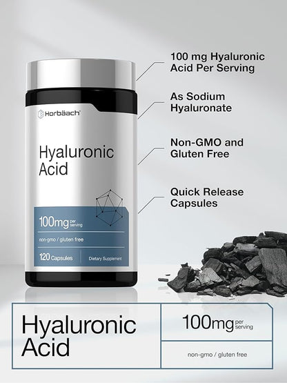 Horbäach Hyaluronic Acid Supplement | 100mg | 120 Capsules | Non-GMO, Gluten Free