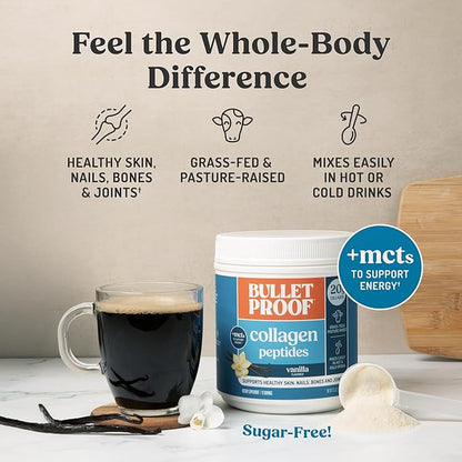 Bulletproof Vanilla Collagen Peptides Powder with MCT Oil, 17.6 Ounces, Grass-Fed Collagen Protein for Skin, Bones and Joints