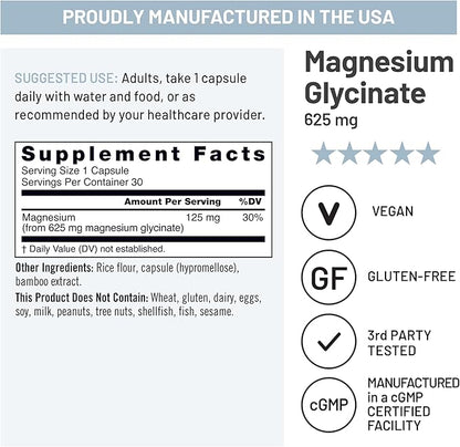 NatureWise Magnesium Glycinate 625 mg - High Absorption Chelated Magnesium Glycinate for Sleep, Relaxation, Muscle & Bones* - Gentle on Stomach, Vegan, Non-GMO - 30 Capsules[30-Day Supply]