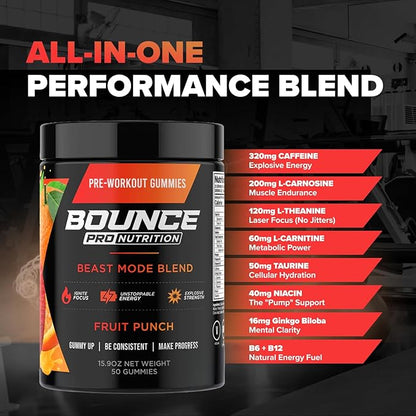 Bounce Pro Beast Mode Pre Workout Gummies with Caffeine, Beta-Alanine & L-Tyrosine for Energy, Focus & Training Intensity (50 Count (Pack of 1), Fruit Punch)