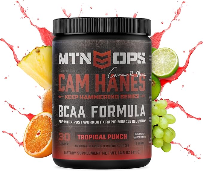 MTN OPS BCAA Powder 2:1:1 Amino Acids Supplement Powder for Rapid Muscle Recovery & Repair with Zero Sugar & Gluten Free - 30-Servings, Tropical Punch, Cameron Hanes Keep Hammering Series