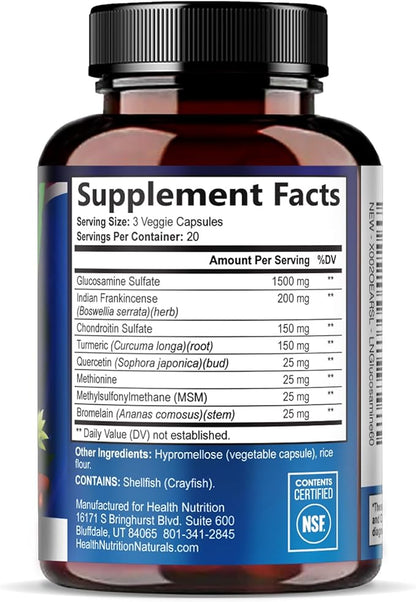 Glucosamine Chondroitin MSM Complex - 3X Strength Joint Support Supplement with Glucosamine Sulfate, Turmeric, Boswellia - For Cartilage, Mobility & Flexibility - Bottled in USA, 60 Capsules