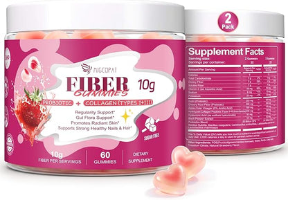 Migcopat 10G Fiber Gummies, with Collagen Peptides, Hyaluronic Acid, Vitamin C, ACV & 30 Billion CFU Probiotics – Sugar Free Collagen Gummies for Skin, Hair & Nails – Digestive Support – 120 Cts