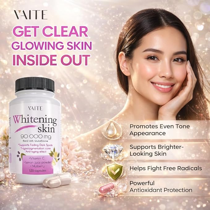 VAITE Glutathione Whitening Pills - Dark Spots & Acne Scar Remover - 90000mg - Vegan Skin Bleaching Pills with Anti-Aging & Antioxidant Effect - 120 Capsules