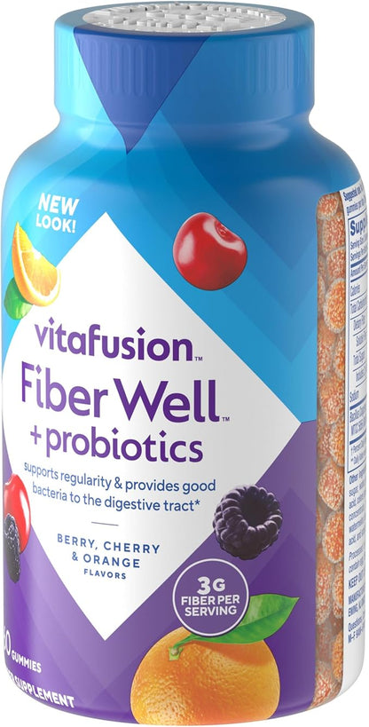 vitafusion Probiotic + Prebiotic Fiber Gummies for Adults, Probiotic Supplement with Prebiotic Fiber to Support Gut Health and Provide Good Bacteria (1), Cherry Berry Citrus Rush Flavor, 60 Count