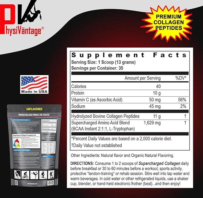 PhysiVantage Supercharged Collagen Peptides Powder - Hydrolyzed Collagen for Joint, Tendon, Ligament, & Skin Health Support - Vanilla, Keto, Paleo, 16oz | Enhanced with Vitamin C, BCAAs, Grass-Fed