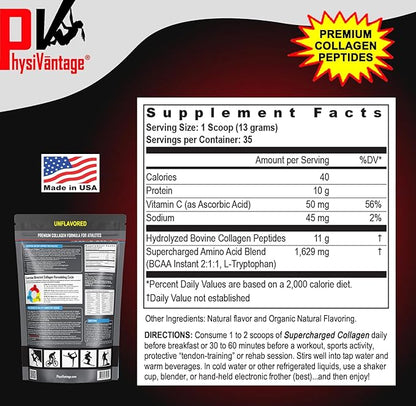 PhysiVantage Supercharged Collagen Peptides Powder - Hydrolyzed Collagen for Joint, Tendon, Ligament, & Skin Health - Lemon Honey Tea, Keto, Paleo, 16oz | Enhanced with Vitamin C, BCAAs, Grass-Fed