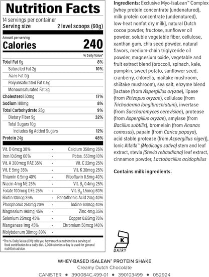 IsaLean Protein Shake Complete Superfood Meal Replacement Shake for Maintaining Healthy Weight and Lean Muscle Growth with 24 Vitamins and Minerals-29.6 oz - 14 Meal Canister Creamy Dutch Chocolate