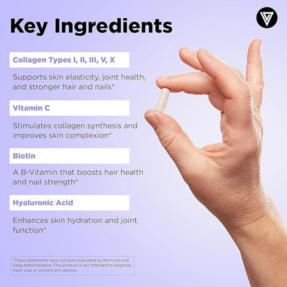 Vital Vitamins Multi Collagen Plus Capsules (2-Pack) - with Biotin, Hyaluronic Acid, Vitamin C - Type I, II, III, V, X Peptides - Collagen Supplements for Men & Women - Hair, Skin, Nails Complex
