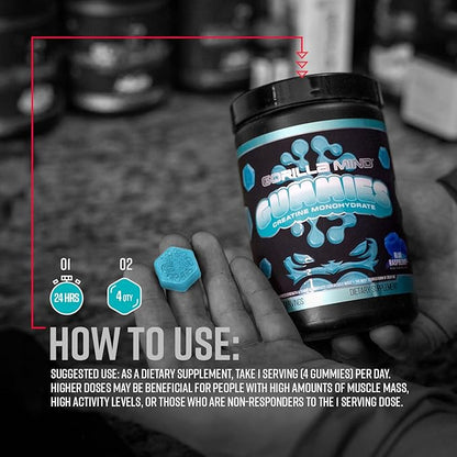 Gorilla Mind Creatine Gummies - Third-Party HPLC Tested | 5g Creapure® Creatine Monohydrate | Verified Potency & Purity | Strength · Power · Lean Muscle | No Added Sugar | Blue Raspberry Flavor