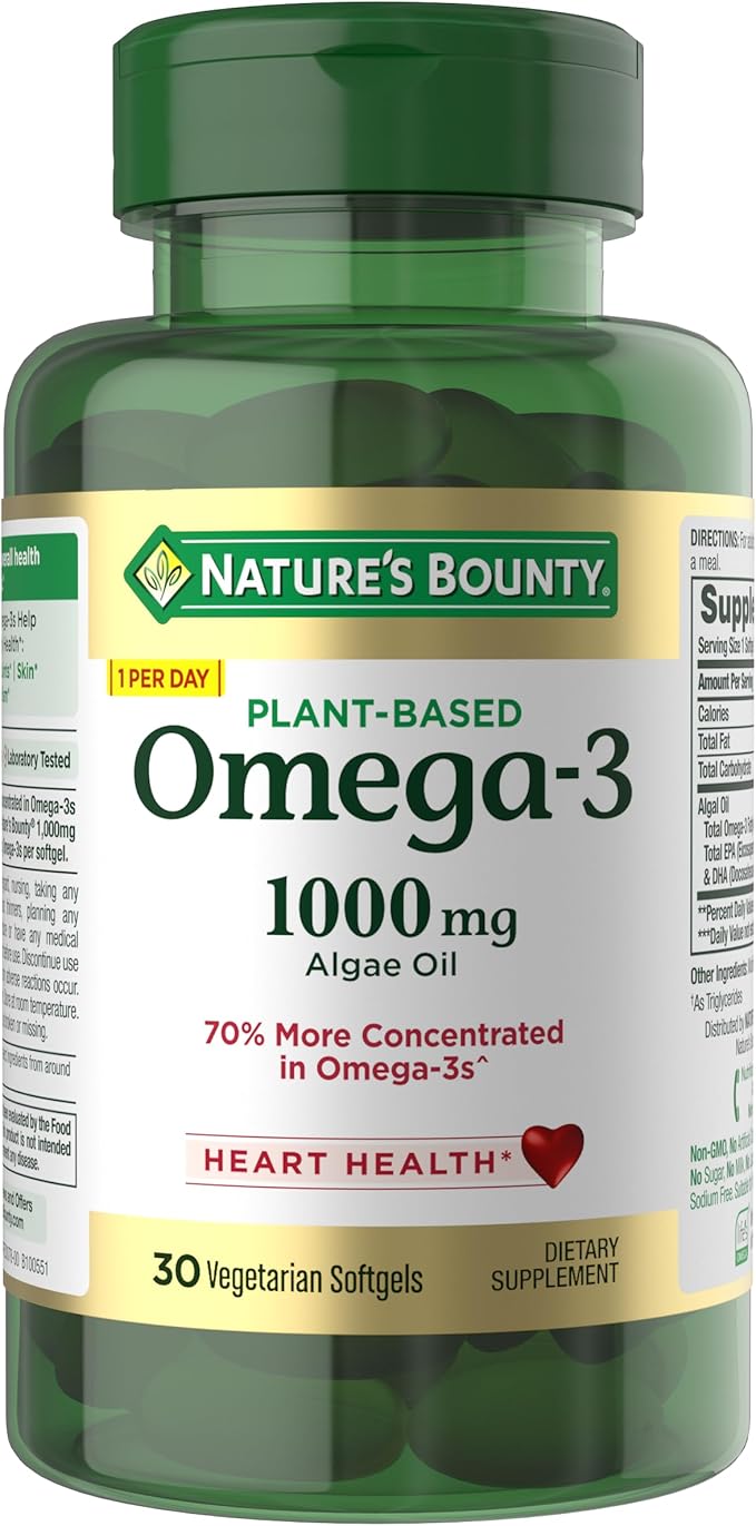 Nature's Bounty Omega 3, Plant-Based Omega 3 Fatty Acid Supplement, 520mg, Supports Whole Body Health Including Heart, Skin, Joint, 30 Vegetarian Softgels, Fish Oil Alternative