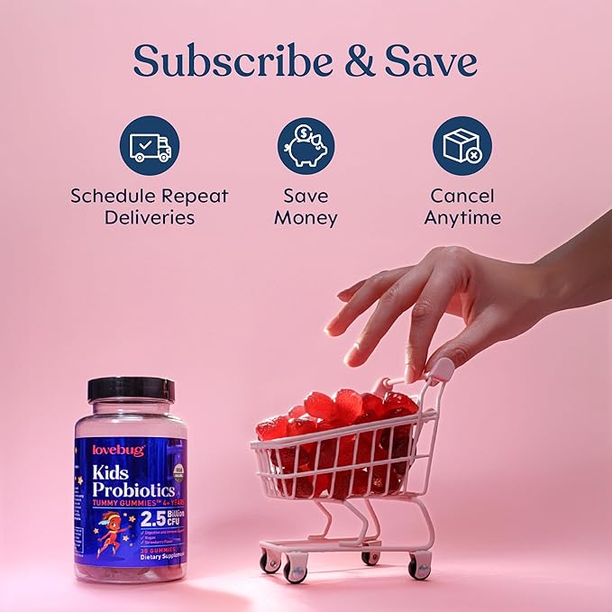 LOVEBUG Kids Probiotic Gummies – Organic Chewable Probiotics for Kids Aged 4+, Soil-Based Children’s Probiotic for Gut Health, Constipation, Digestive & Immune Support, Vegan, 30 Chews, Strawberry