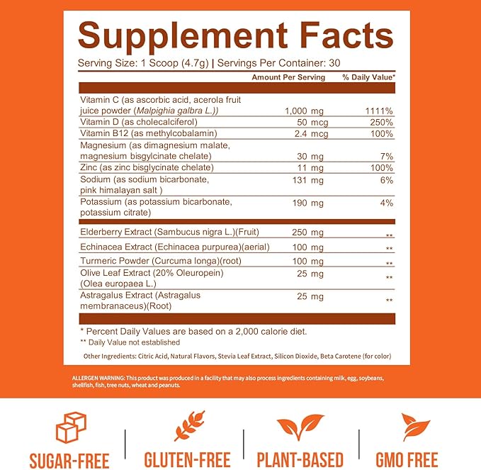 GOBIOTIX Vitamin C - Immune Defense Support Supplement - Immunity Powder Wellness Booster - Vegan Superfood - Elderberry, Turmeric, B12 Vitamin Supplement, Non-GMO and Sugar Free (Orange)