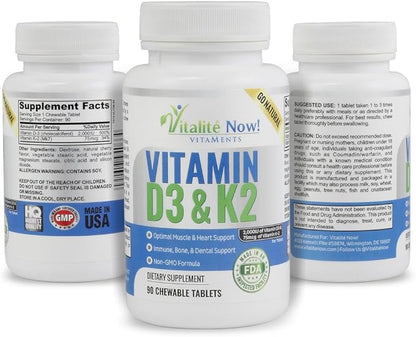 Vitalité Now! Best Vitamin D3 2000 IU + K2 - Optimized Absorption in Best Form MK7 for Lung Health, Strong Bones & Healthy Heart - All Natural - Cherry Flavor - 90 Chewable Tablets - 3 Month Supply!