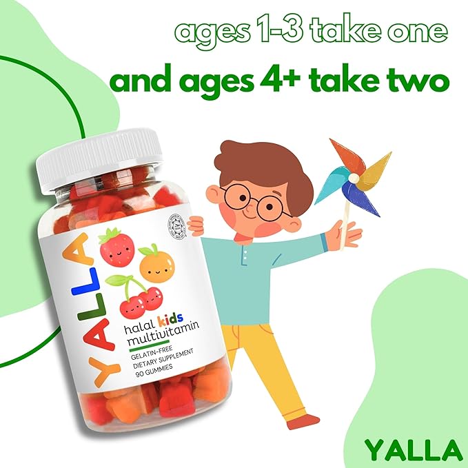 YALLA Halal Vitamins for Kids, Halal Kids Multivitamin Gummies, 45-90 Day Supply, Essential Vitamins with C, D3, Zinc for Immunity, B6 B12 for Energy, ISA Certified, Gelatin Free