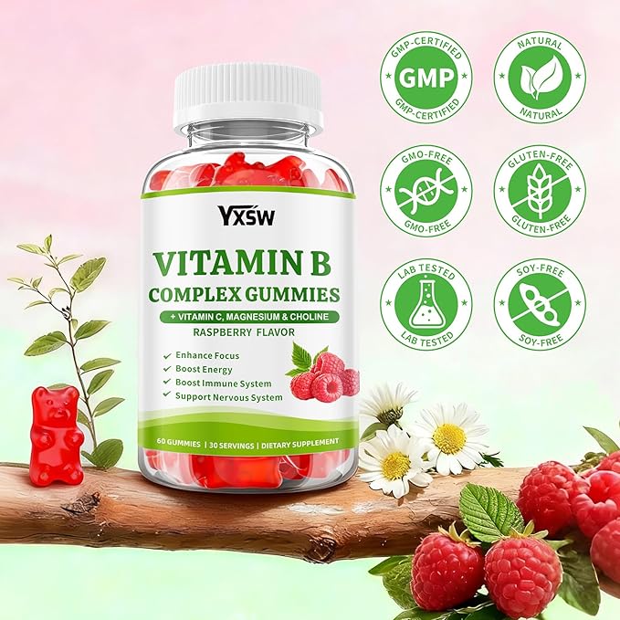 Vitamin B Complex Gummies for Women & Men - Vitamin B12, B1, B2, B3, B5 & B6 -B Complex Vitamin Supplements with Vitamin C,Magnesium & Choline, Raspberry Flavor, 120 Count