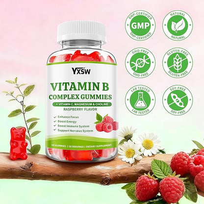 Vitamin B Complex Gummies for Women & Men - Vitamin B12, B1, B2, B3, B5 & B6 -B Complex Vitamin Supplements with Vitamin C,Magnesium & Choline, Raspberry Flavor, 60 Count