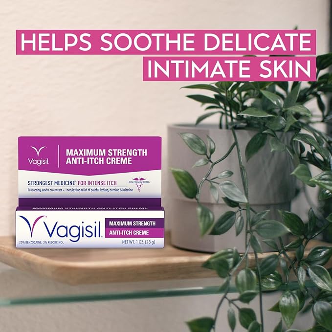 Vagisil Maximum Strength Feminine Anti-Itch Cream with Benzocaine for Women, Helps Relieve Yeast Infection Irritation, Gynecologist Tested, Fast-Acting, Soothes and Cools Skin, 1 oz