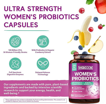 Probiotics for Women 100 Billion CFU 36 Strains, Women's Probiotic with Prebiotics & Digestive Enzymes, Organic Cranberry, Boost Digestive, Vaginal & Urinary Health, 30 Vegan Caps