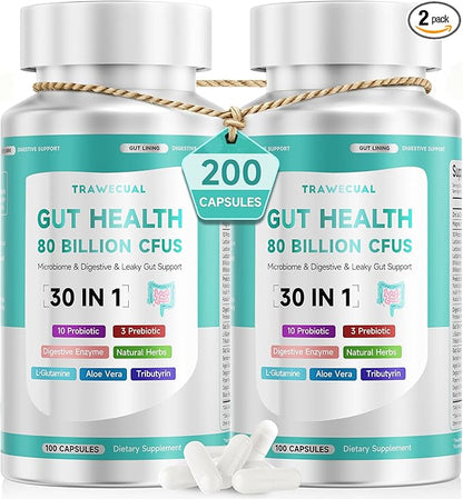 2-Pack Gut Health Capsule Supplement, Supports Microbiome, Leaky Gut, and Digestion, with 80 Billion CFU Probiotics, Prebiotics, Digestive Enzymes, 30-in-1 Gut Health Supplement, 200 Capsules