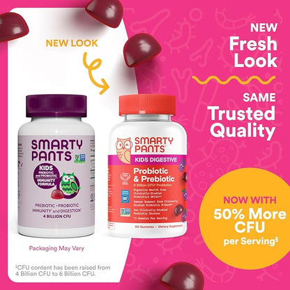 SmartyPants Kids Probiotic & Prebiotic Gummies for Digestive Health: Gut Health Supplement, Clinically Studied Prebiotic for Immune Support, Grape, 60 Count (30 Day Supply)