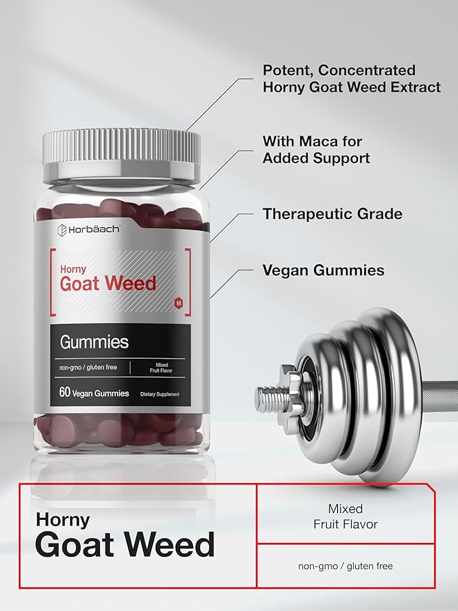 Horbäach Horny Goat Weed for Men and Women | 60 Gummies | Mixed Fruit Flavor | Includes Maca | Vegan, Non-GMO, and Gluten Free Formula