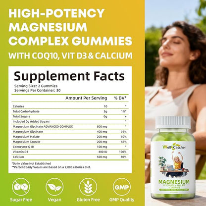 Triple Magnesium Complex Gummies for Women Men: Magnesium Glycinate Malate Taurate Supplements Support Sleep Mood Balanced Bones Muscle Health with CoQ10 Vta D3 Calcium, Sugar Free Vegan 30 Days