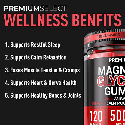 Magnesium Glycinate Gummies for Adults 500mg 120 Sugar Free Gummies Calm and Sleep Support with Ashwagandha Lemon Balm and CoQ10 Magnesium Supplement for Stress and Relaxation