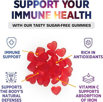 Vitamin C Gummies - 100% of Daily Vitamin C & Sugar Free - Immune Support with Powerful Antioxidants - Nature's Vegan VitaminC Dietary Supplement - Raspberry Flavor for Kids & Adults - 120 Gummies