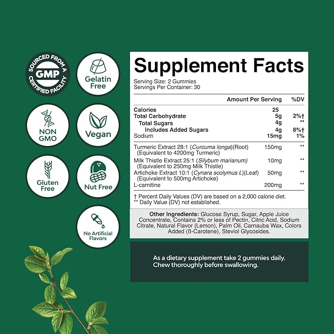 Natures Craft Cleansing Herbal Liver Detox Gummies Liver Support Milk Thistle Gummies with Artichoke Extract Turmeric Curcumin and L-Carnitine - Vegan and Non-GMO - Sweet Lemon (30 Servings)