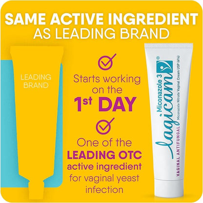 Lagicam 3 Day Yeast Infection Treatment for Women, Start Working on The 1st Day, Miconazole Nitrate, Antifungal Vaginal Cream for Itching and Irritation, 3 Disposable Applicators & Cream (Pack of 2)