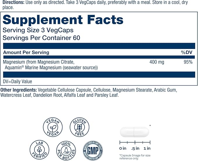 SOLARAY Magnesium Citrate 400mg - Magnesium Supplement - Bone Health, Muscle, Relaxation and Heart Health Support - Vegan, Gluten Free - 60 Servings, 180 VegCaps