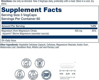 SOLARAY Magnesium Citrate 400mg - Magnesium Supplement - Bone Health, Muscle, Relaxation and Heart Health Support - Vegan, Gluten Free - 60 Servings, 180 VegCaps