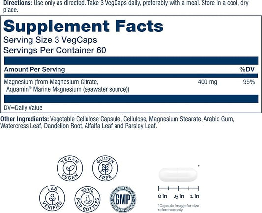 SOLARAY Magnesium Citrate 400mg - Magnesium Supplement - Bone Health, Muscle, Relaxation and Heart Health Support - Vegan, Gluten Free - 60 Servings, 180 VegCaps