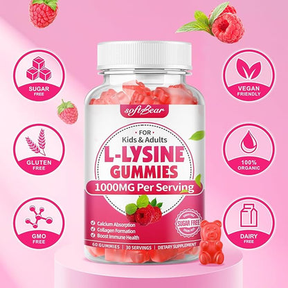 softbear L-Lysine Gummies for Adults & Kids, L Lysine 1000mg Chewable Lysine Supplement for Lips & Oral Health, Immune & Collagen Support, Vegan, Non GMO, Gluten-Free, Raspberry Flavor 120 Count